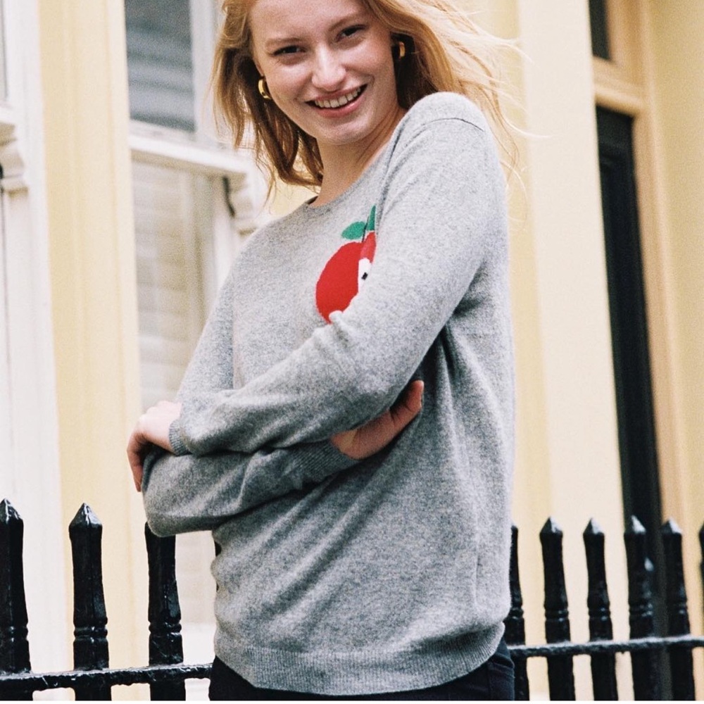 Jumper1234 Gray CashmereSweater with Red Apple Design size 3 or Medium